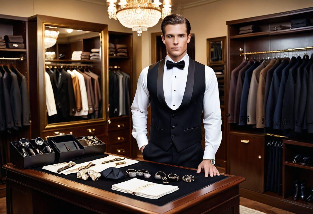 A dapper gentleman in a luxurious tailor shop, showcasing a beautifully fitted tuxedo with intricate detailing, surrounded by rolls of exquisite fabric and elegant tailoring tools. Soft ambient lighting enhances the opulence, while a mirror reflects the sophisticated design. Include a hint of luxurious accessories like cufflinks and a bow tie in the scene. super-realistic. elegant palette. warm tones.