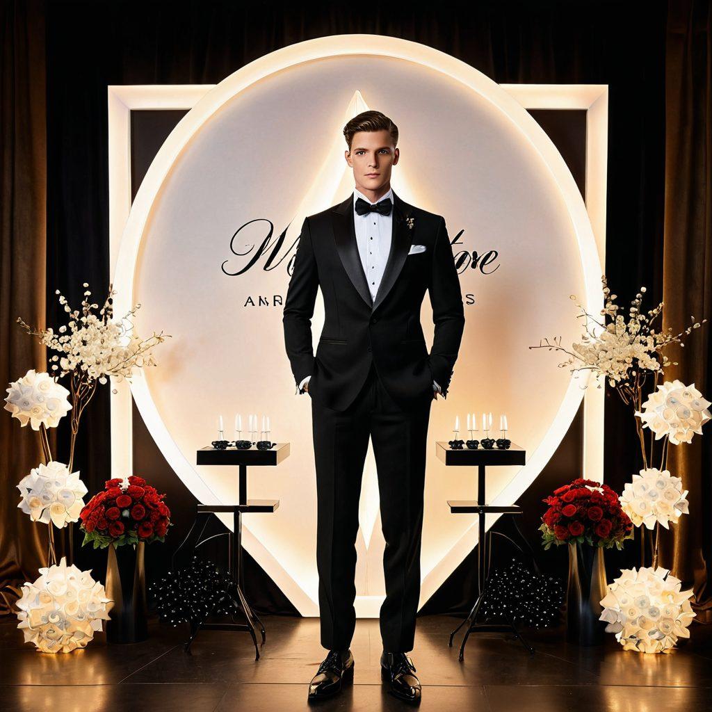 A stylishly dressed mannequin showcasing an elegant black tuxedo, with assorted formal accessories like bow ties and cufflinks displayed artistically around it. The backdrop features a sophisticated event setting, like a gala or wedding, illuminated with soft, warm lighting. Include an eye-catching 'Rental' sign in an elegant font. The overall feel should be luxurious and inviting. super-realistic. vibrant colors. elegant atmosphere.