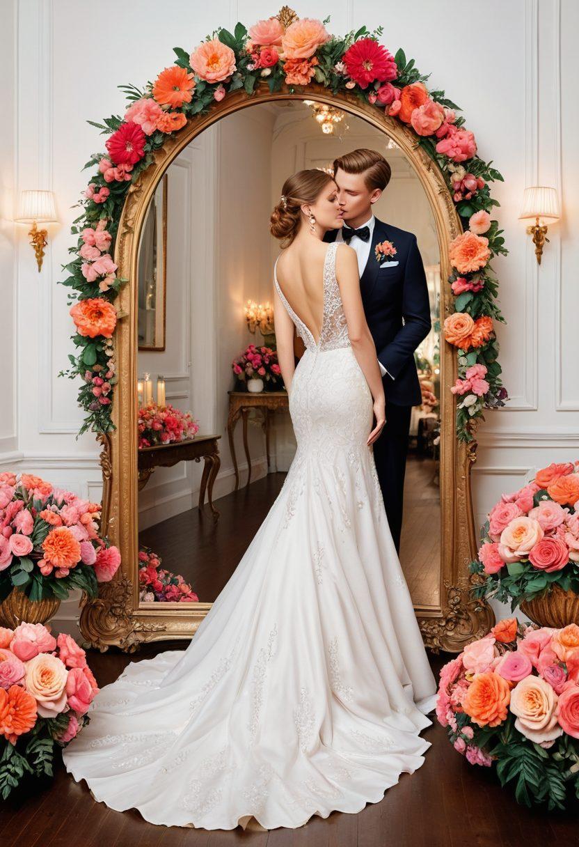 A stylishly arranged display of formal attire, featuring elegant wedding gowns, chic prom dresses, and dapper suits, all set against a backdrop of festive decorations like twinkling fairy lights and floral arrangements. Include a mirror reflecting the attire, symbolizing self-expression and choice. Capture a vibrant color palette with soft pastels and bold hues to evoke emotion. super-realistic. vibrant colors. white background.